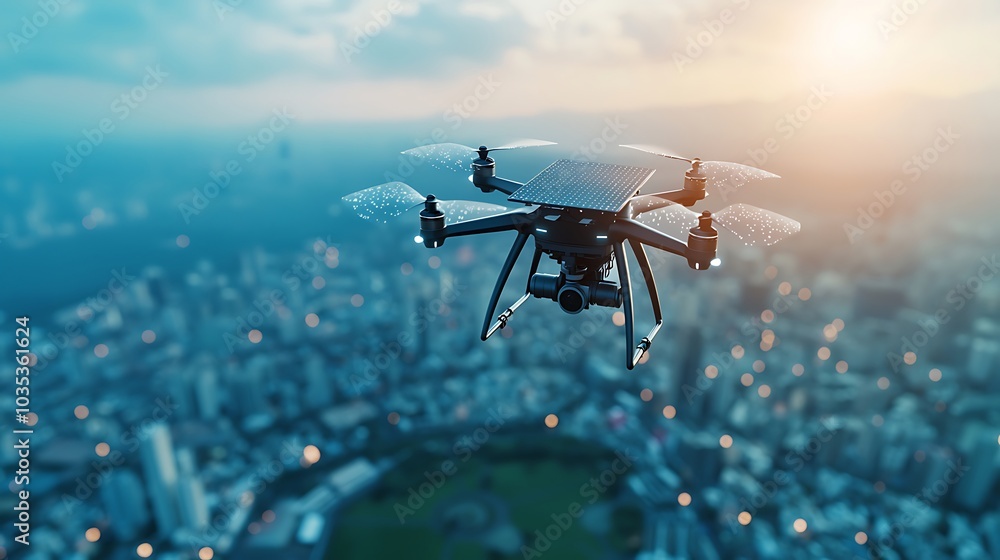 Naklejka premium A stunning aerial view of a drone flying over a vibrant urban landscape during sunset, showcasing the blend of technology and city life.