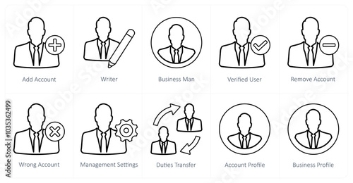 A set of 10 mix icons as add account, writer, businessman