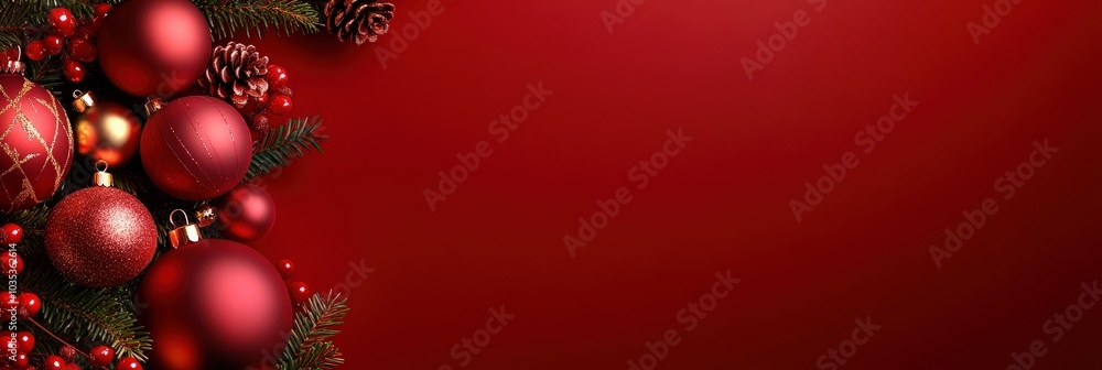 Elegant Christmas Ornaments and Pine Cones on Red Background Elegant Christmas Ornaments and Pine Cones on Red Background