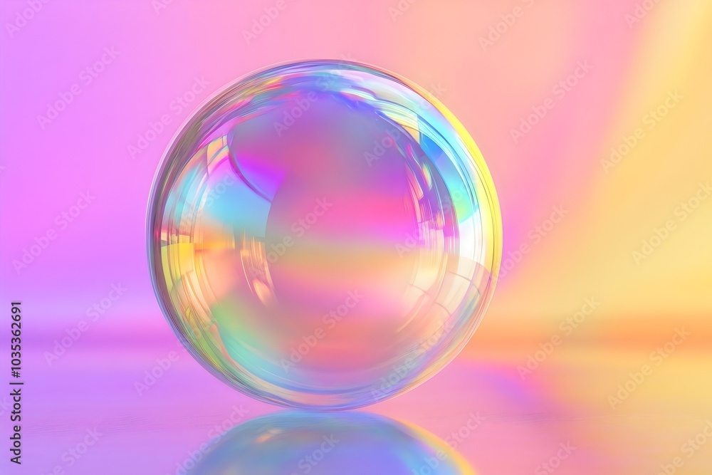 Glass sphere reflecting colorful light on iridescent gradient background for wallpaper and backdrop design Glass sphere reflecting colorful light on iridescent gradient background for wallpaper and backdrop design