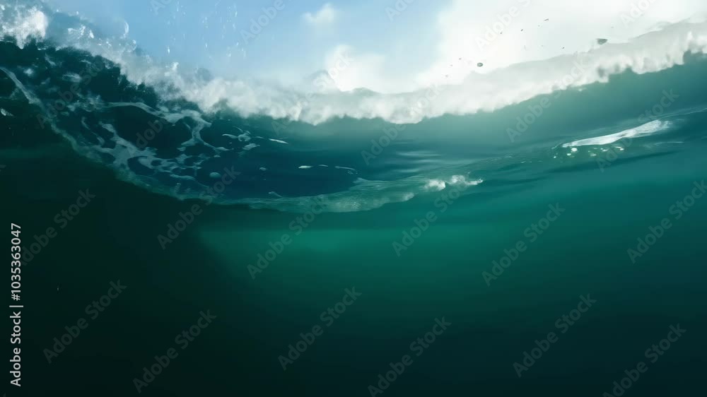 A mesmerizing underwater view that beautifully showcases the stunning beauty and immense power of ocean waves A mesmerizing underwater view that beautifully showcases the stunning beauty and immense power of ocean waves