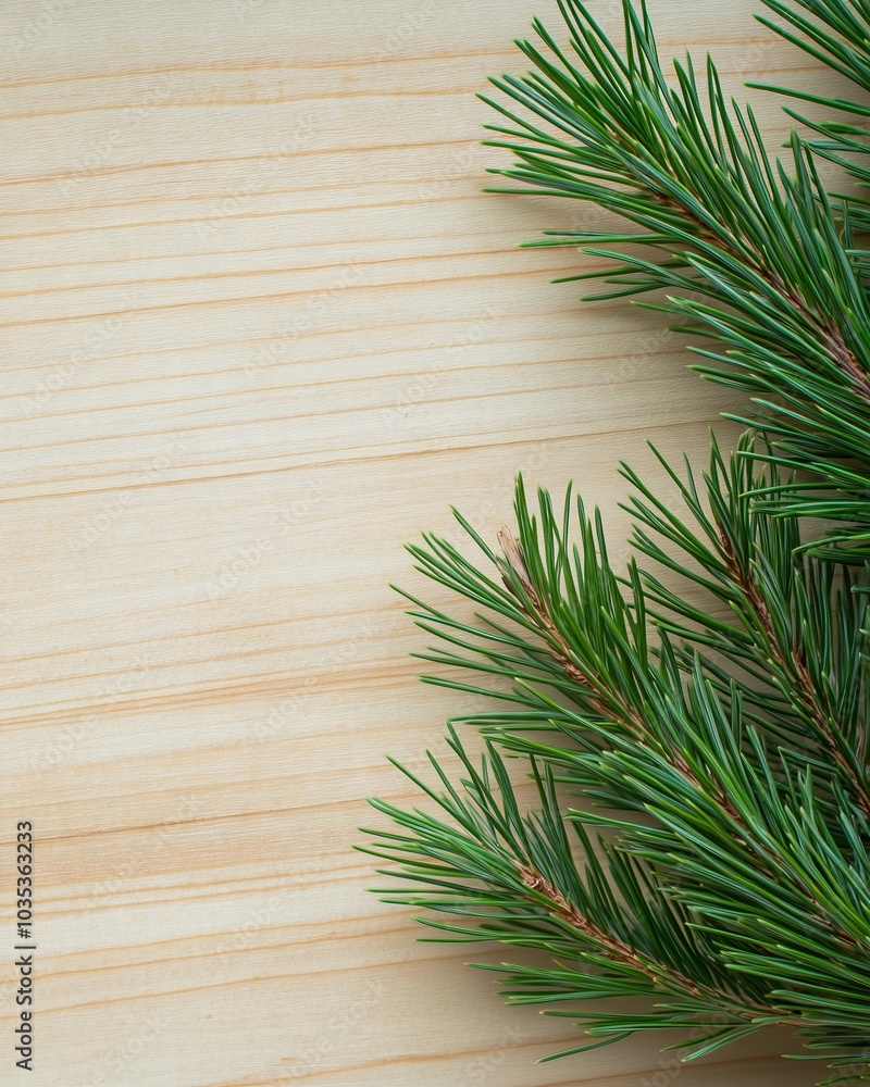 Pine branches creating a frame on a wooden surface Pine branches creating a frame on a wooden surface
