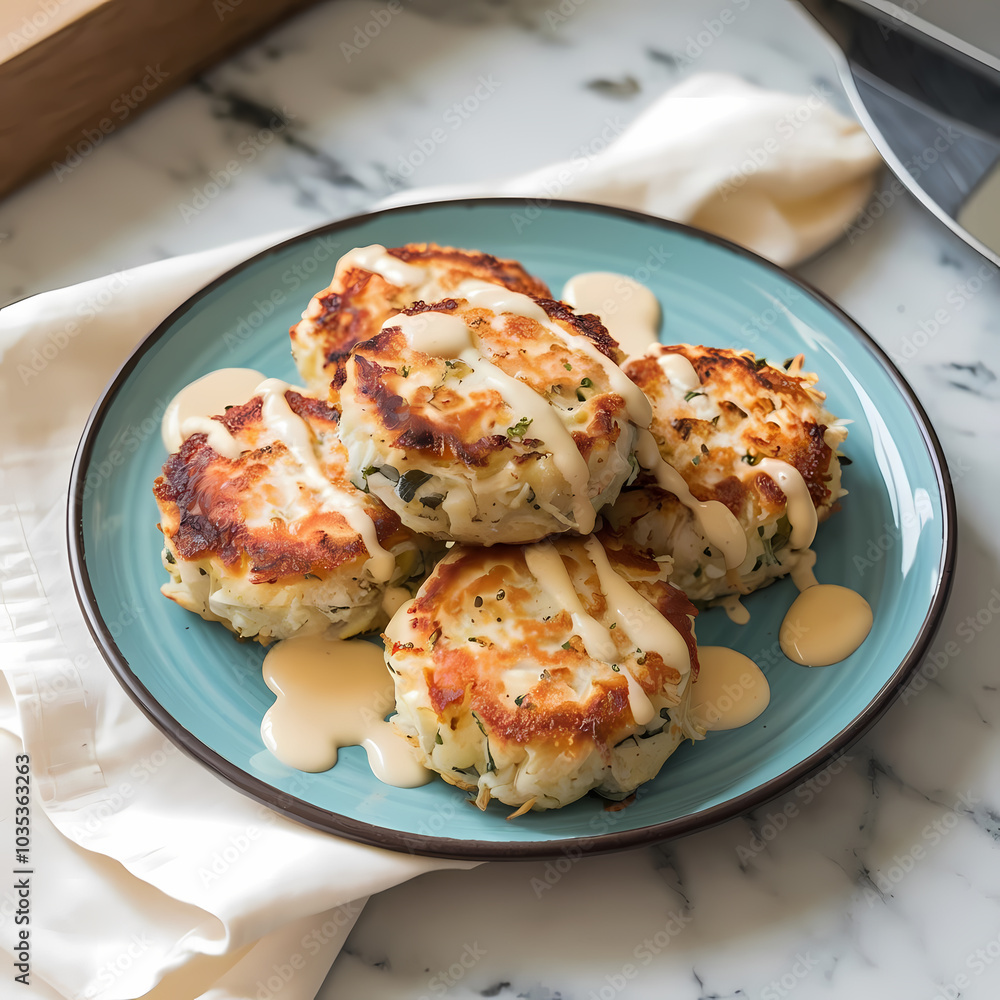 Crispy veggie cakes drizzled with sauce on a teal plate, served on a marble tabletop with a linen napkin. Enjoy a delicious meal! Crispy veggie cakes drizzled with sauce on a teal plate, served on a marble tabletop with a linen napkin. Enjoy a delicious meal!