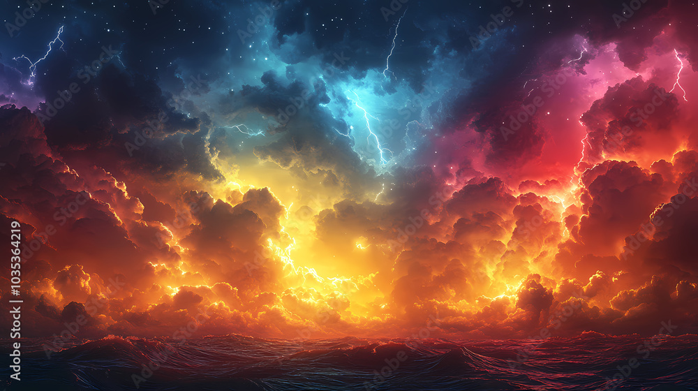 Fototapeta premium Clouds with colorful lightning in a stormy landscape. A storm is raging in the skies, illuminating masses of thunderclouds with flashes.