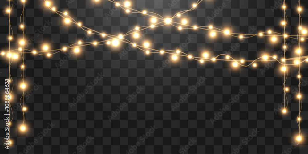 Christmas lights bulbs, glowing garlands string. New Year's party lights, holiday decorations. Winter holiday season element. Vector illustration isolated on png Christmas lights bulbs, glowing garlands string. New Year's party lights, holiday decorations. Winter holiday season element. Vector illustration isolated on png