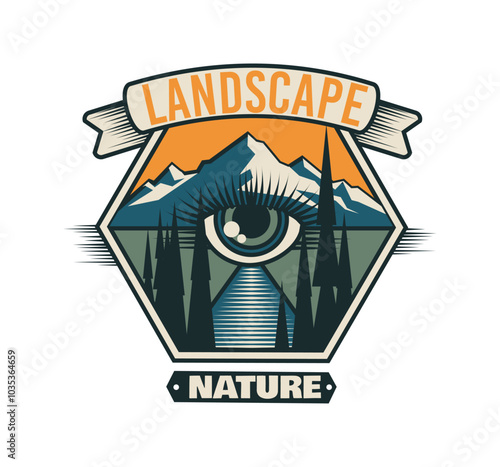 Hiking logo. Tourism badge. Wild mountain. Forest trees. Nature landscape. Traveling icon with eye. Summer panorama. Scenic rock peaks. Outdoor vacation. Sticker emblem. Vector adventure label design