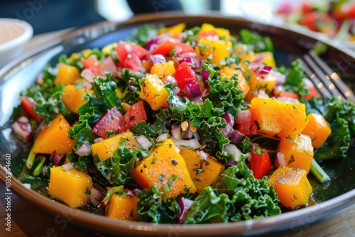 A vibrant salad with kale, butternut squash, tomatoes, and red onions.