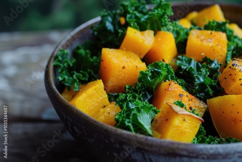 Roasted butternut squash salad with kale, seasoned with pepper.