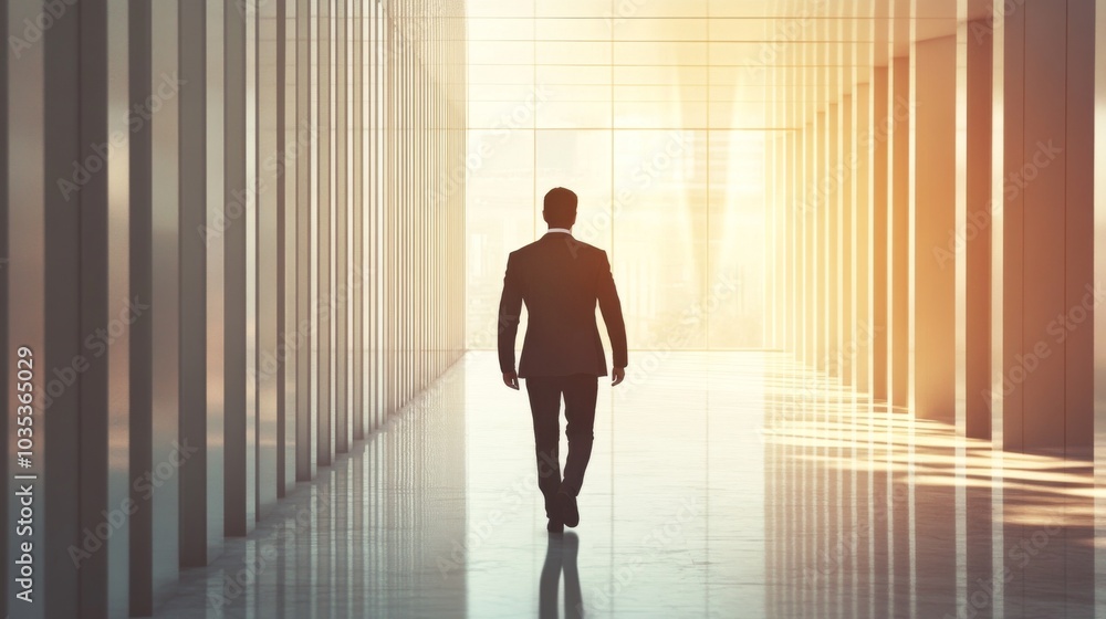 Fototapeta premium Businessman Walking Through a Sunlit Office Corridor