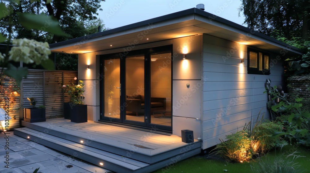 Minimalist garden shed, soft lighting Minimalist garden shed, soft lighting