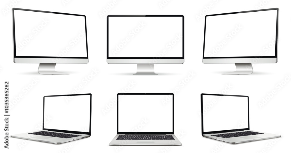 Three monitor and laptop with blank screen, realistic isolated devices. Three monitor and laptop with blank screen, realistic isolated devices.