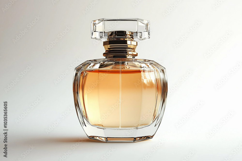 Elegant glass perfume bottle with golden accents on display Elegant glass perfume bottle with golden accents on display