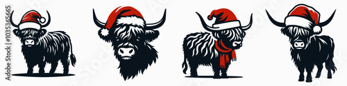 Highland Cow in a Red Santa Hat