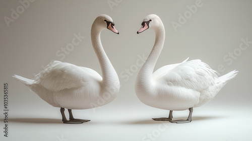 Swan Elegance: Two graceful white swans face each other, creating a serene and elegant image. Perfect for nature, romance, or beauty themes. 