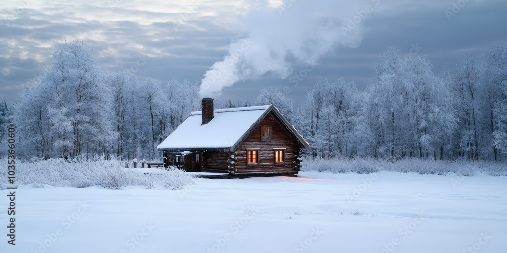 A cozy wooden cabin in a snowy landscape, with smoke rising from the chimney and soft snow blanketing the ground, creating a winter retreat. A cozy wooden cabin in a snowy landscape, with smoke rising from the chimney and soft snow blanketing the ground, creating a winter retreat.