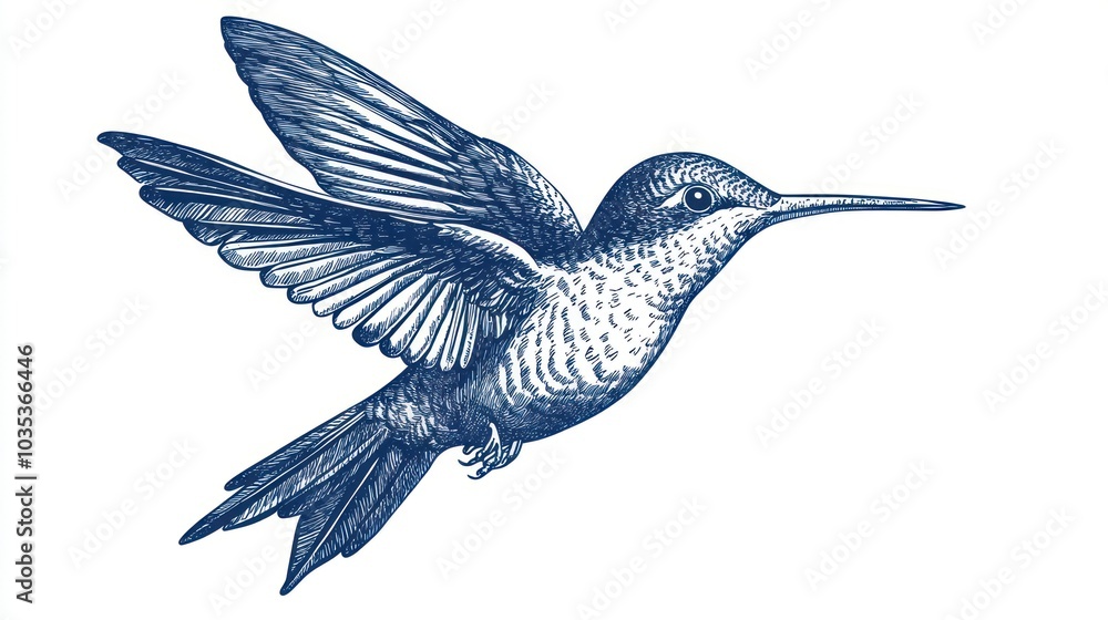 Obraz premium A detailed illustration of a hummingbird in flight, showcasing its wings and body.