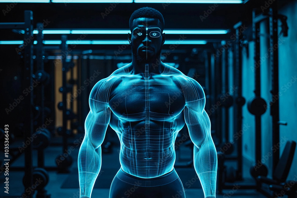 Digital representation of a muscular athlete training in a gym