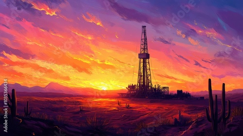 Aerial view of an oil rig positioned prominently in the center of a sun-baked desert.