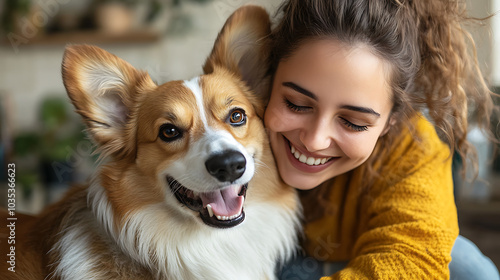 A woman is hugging a dog with a smile on her face