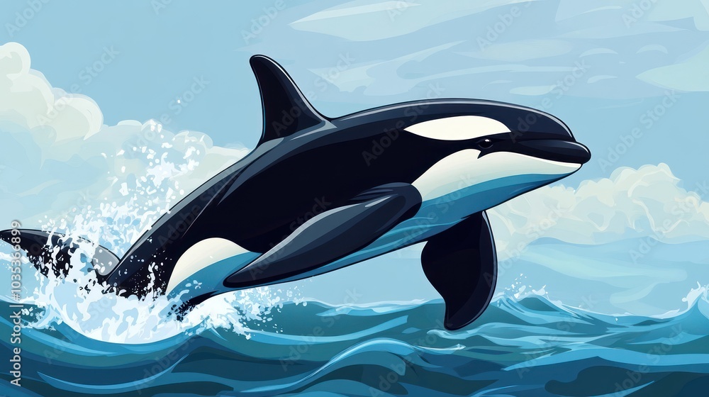 Fototapeta premium A stylized orca breaching the ocean surface, showcasing its sleek form and dynamic movement.