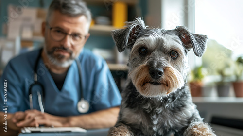 A man in a blue scrubs is sitting at a desk with a dog in front of him