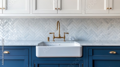 Wallpaper Mural Blue Cabinets. Luxury Kitchen Sink Detail with Marble Countertops and Herringbone Tile Backsplash Torontodigital.ca