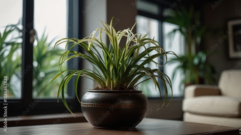 Fototapeta premium A potted plant with long, green leaves sits on a wooden table in front of a window with a blurred background.