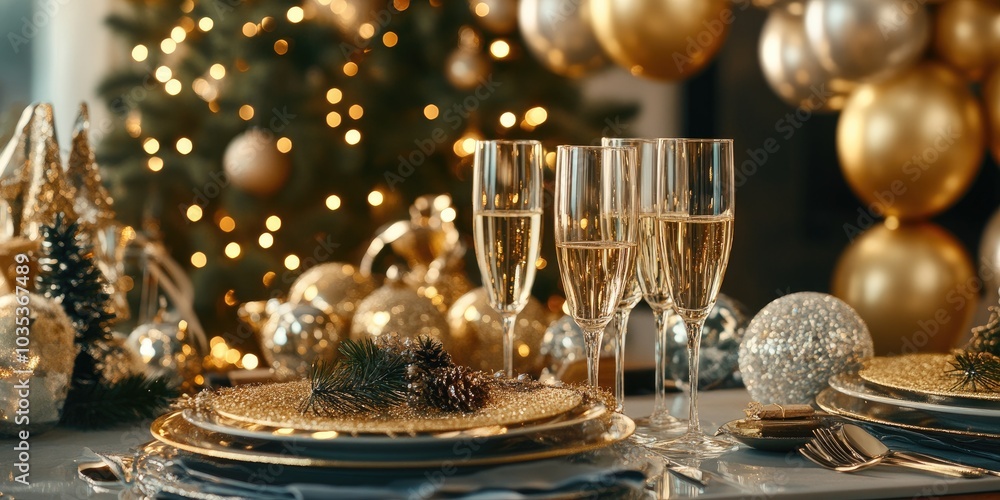 A glamorous New Years table setting with champagne flutes, gold and silver decorations, and 2024 balloons hanging in the background. A glamorous New Years table setting with champagne flutes, gold and silver decorations, and 2024 balloons hanging in the background.