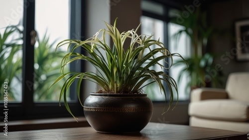 A potted plant with long, green leaves sits on a wooden table in front of a window with a blurred background.