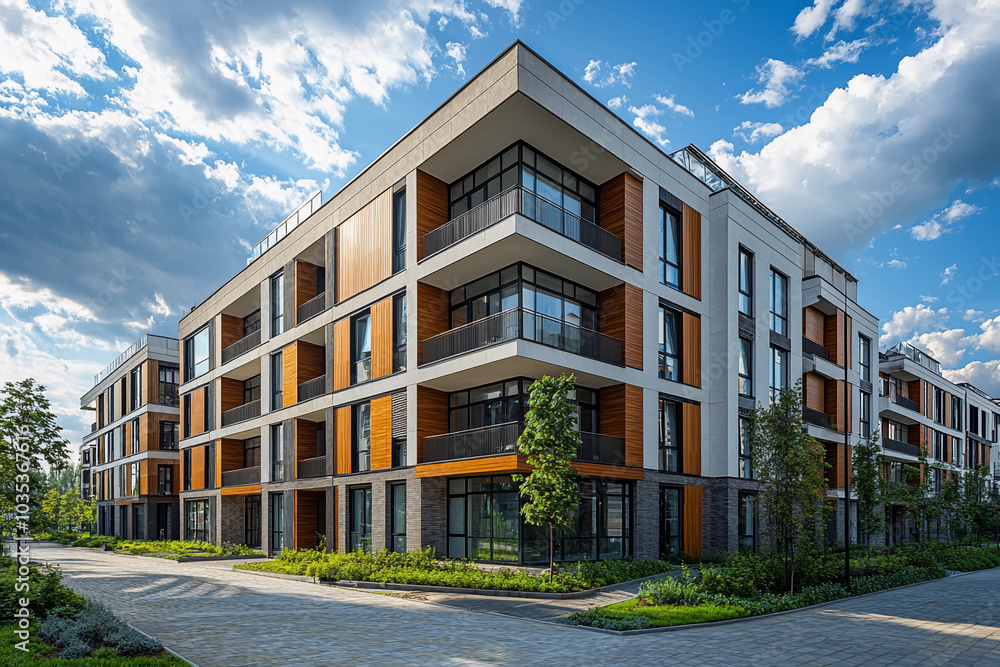 Modern residential buildings under a bright blue sky in the city Modern residential buildings under a bright blue sky in the city