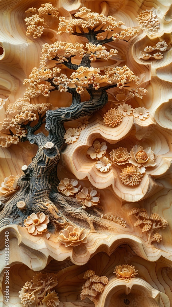 Intricate Wood Carving of a Tree with Flowers Intricate Wood Carving of a Tree with Flowers