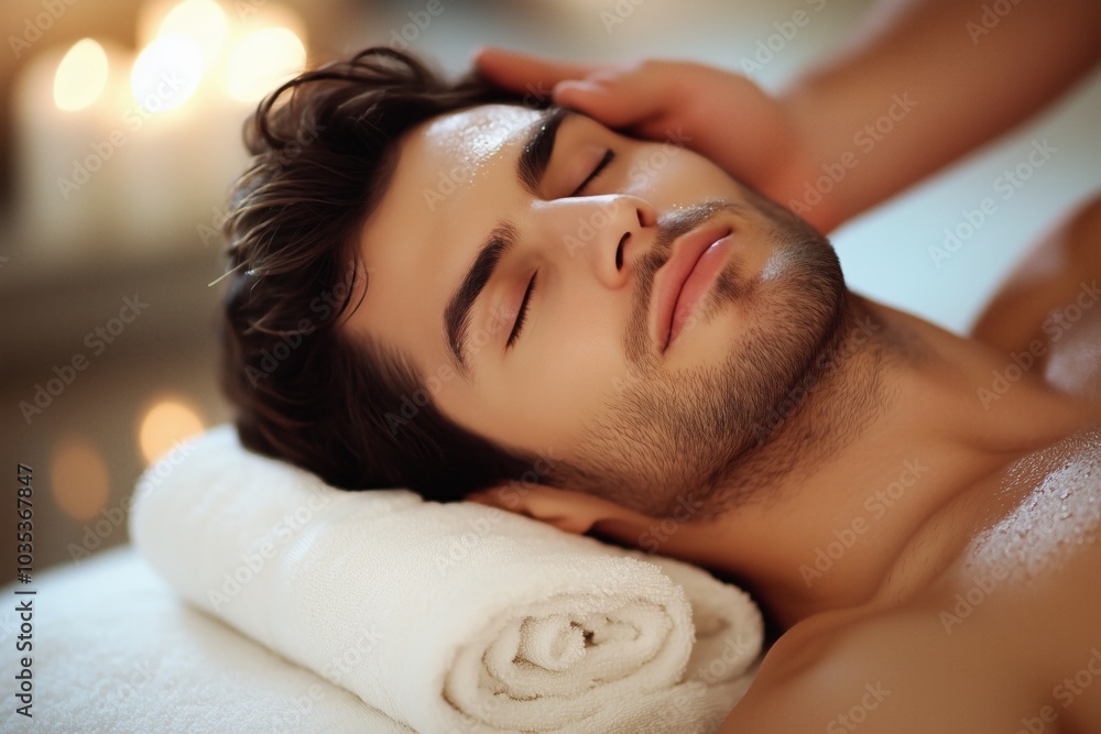 Man relaxing on massage table receiving massage. Young man is enjoying massage on spa treatment Man relaxing on massage table receiving massage. Young man is enjoying massage on spa treatment