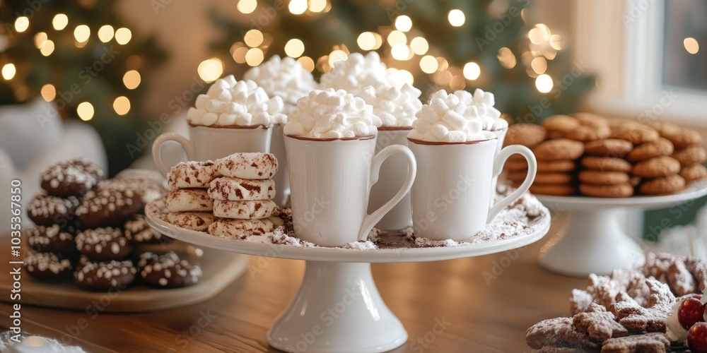 A beautifully decorated hot chocolate station, complete with mugs, marshmallows, whipped cream, and holiday cookies, perfect for a winter gathering. A beautifully decorated hot chocolate station, complete with mugs, marshmallows, whipped cream, and holiday cookies, perfect for a winter gathering.