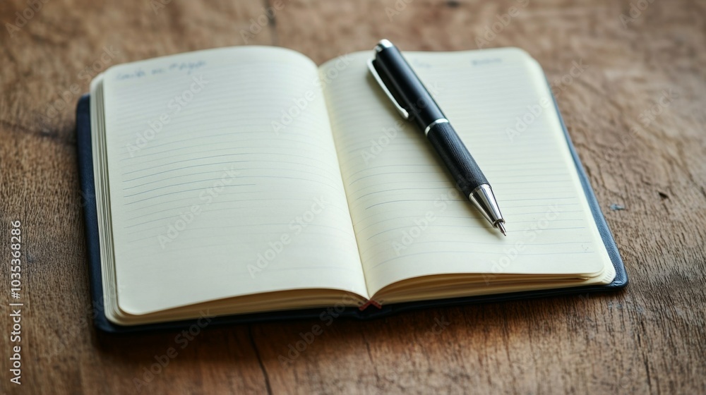 Open Notebook with Pen on a Wooden Surface Open Notebook with Pen on a Wooden Surface