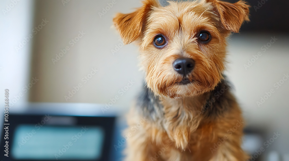 A small dog with brown fur is sitting in front of a computer monitor A small dog with brown fur is sitting in front of a computer monitor