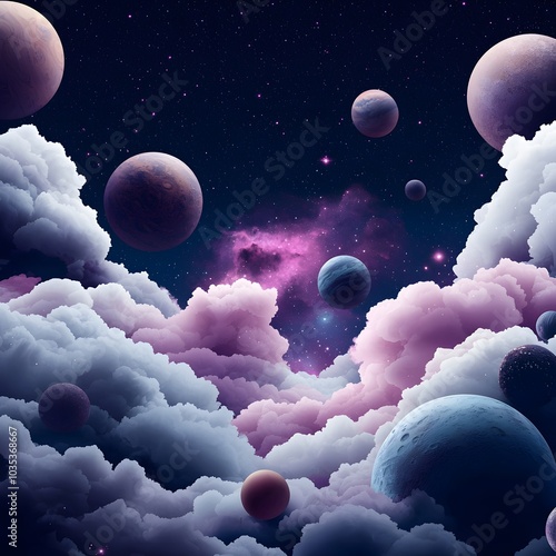 Seamless Space Themed Pattern with Distant Galaxies and Planets photo