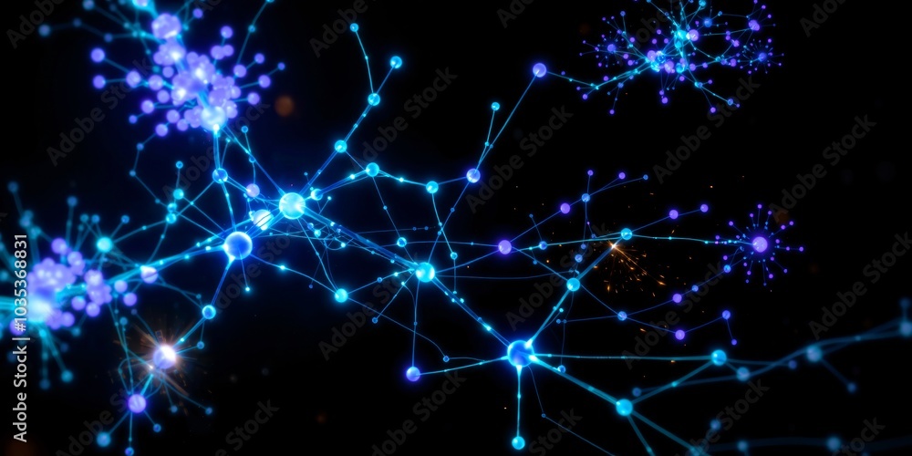Obraz premium Abstract Blue Purple Network Lines Dots Neural On Black Background