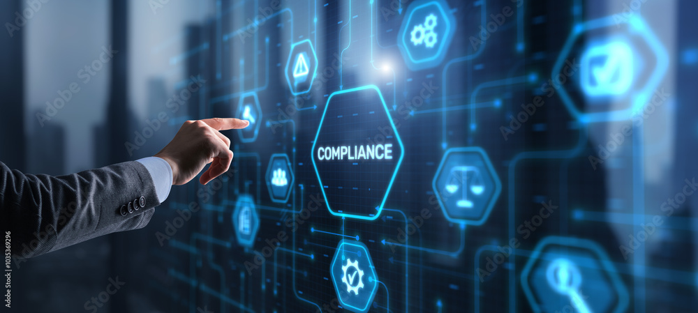 Businessman clicks Compliance Rules Law Business Technology concept Businessman clicks Compliance Rules Law Business Technology concept