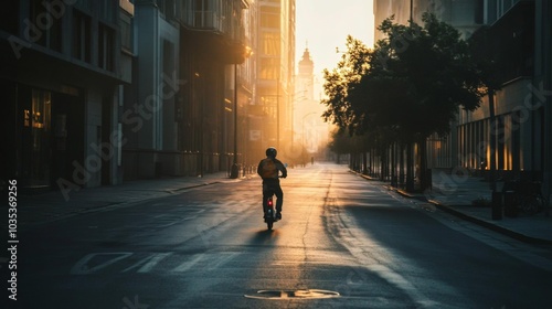 A lone cyclist rides through a city street at sunrise