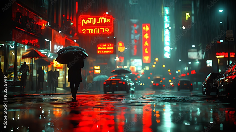 A lone figure walks through a rainy city street at night, illuminated by neon signs. A lone figure walks through a rainy city street at night, illuminated by neon signs.