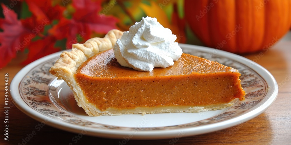 A close-up of a slice of pumpkin pie on a plate, with a dollop of whipped cream on top and warm fall colors in the background. A close-up of a slice of pumpkin pie on a plate, with a dollop of whipped cream on top and warm fall colors in the background.