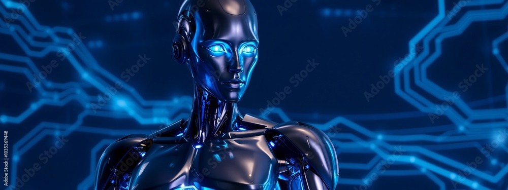 Futuristic Humanoid AI Robot Design On Blue Lines Digital Background Futuristic Humanoid AI Robot Design On Blue Lines Digital Background