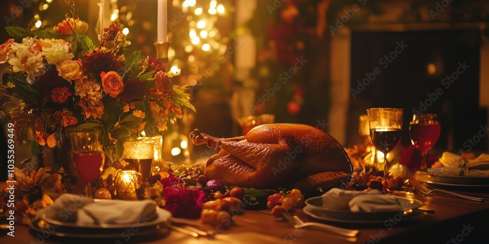 A beautifully set Thanksgiving dinner table, featuring a golden roasted turkey, fall flowers, and warm lighting, ready for a festive meal. A beautifully set Thanksgiving dinner table, featuring a golden roasted turkey, fall flowers, and warm lighting, ready for a festive meal.