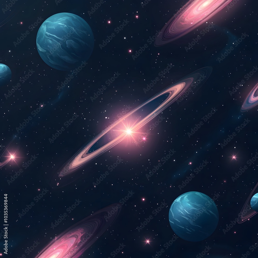 Naklejka premium Cosmic Themed Seamless Pattern Design