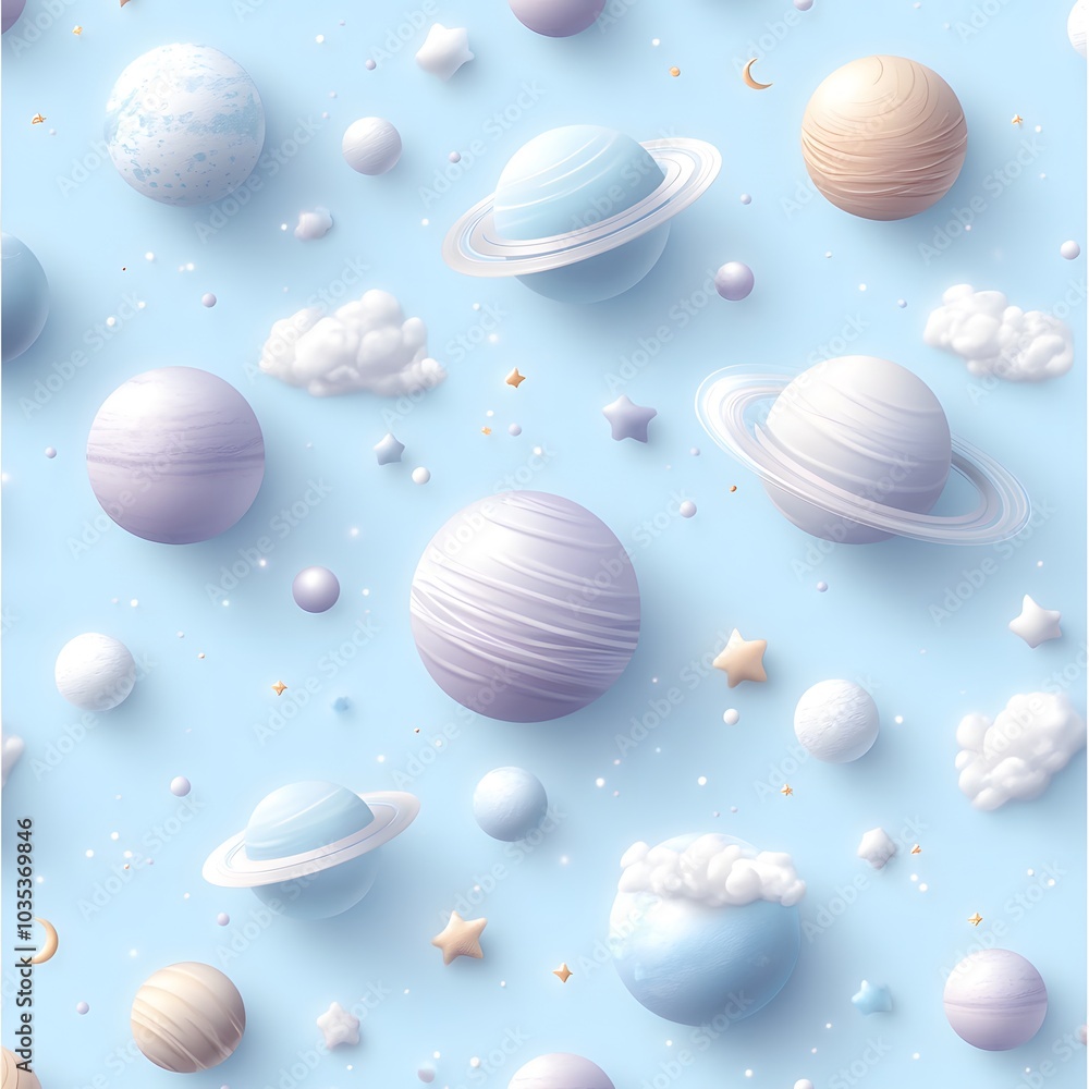 Cute Retro Seamless Pattern with Tiny Planets and Clouds Cute Retro Seamless Pattern with Tiny Planets and Clouds