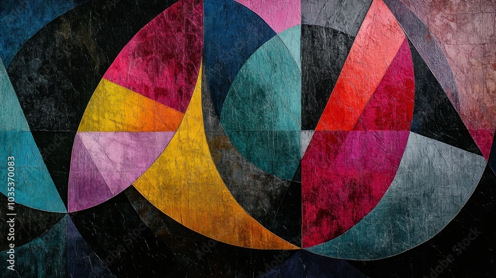 Geometric shapes aligned in a mosaic, forming a structured yet vibrant abstract design Geometric shapes aligned in a mosaic, forming a structured yet vibrant abstract design