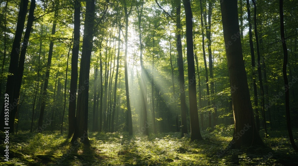 Fototapeta premium Sunlight Filtering Through Dense Forest Canopy