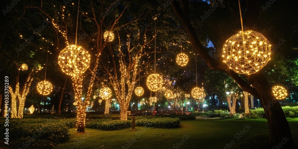 A park adorned with festive lights, with trees wrapped in sparkling strings of lights and glowing ornaments hanging from branches. A park adorned with festive lights, with trees wrapped in sparkling strings of lights and glowing ornaments hanging from branches.