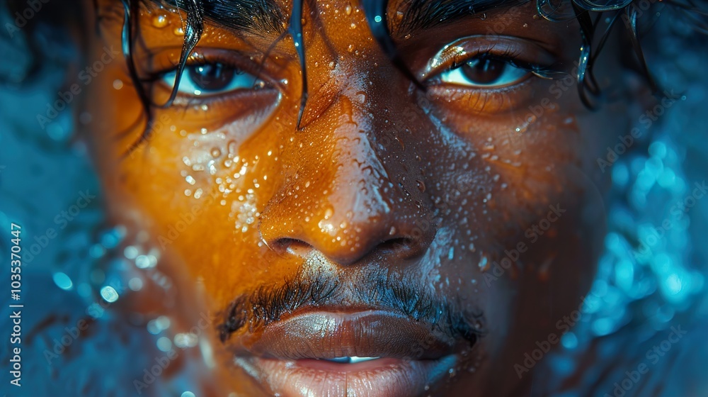 Close-up Portrait of a Man with Water Drops on His Face Close-up Portrait of a Man with Water Drops on His Face