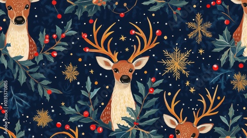 Christmas reindeer in a seamless pattern surrounded by sparkling stars and holly leaves, bringing a joyful holiday vibe photo